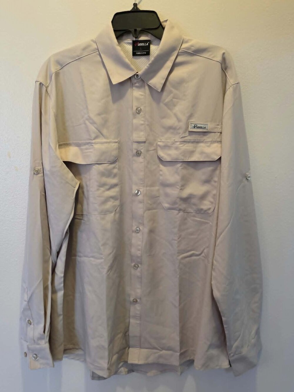 PUDOLLA PERFORMANCE OUTDOOR GEAR LONG SLEEVE SHIRT BUTTON UP VENTED TAN SIZE L